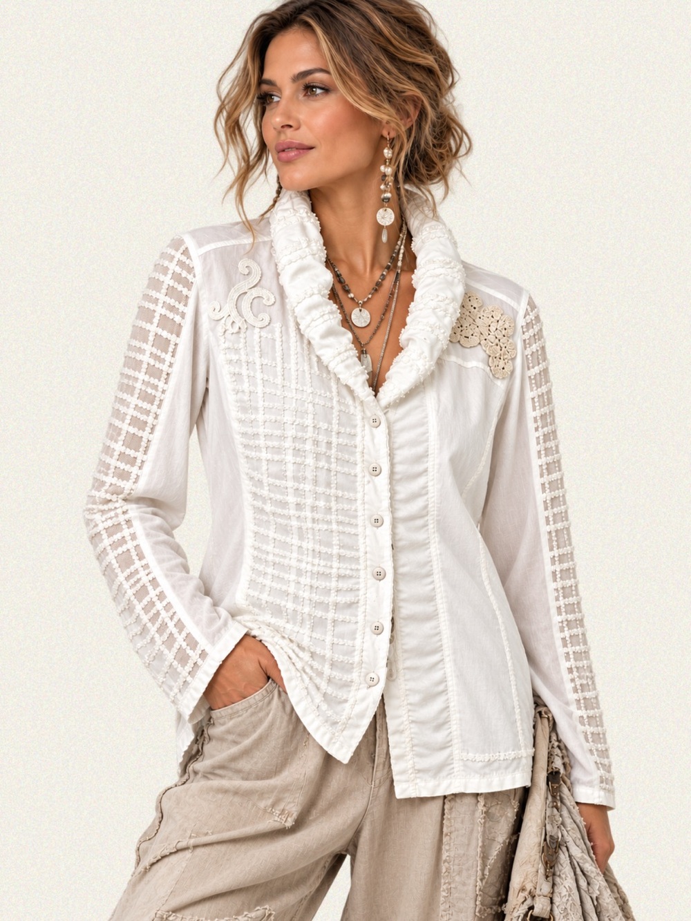 Elisa Cavaletti Mixed Media Embroidered Ruffle Blouse